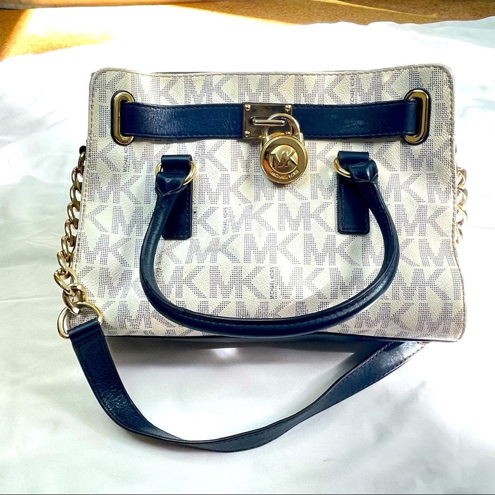 Michael Kors White and Navy Blue Shoulder Leather Bag